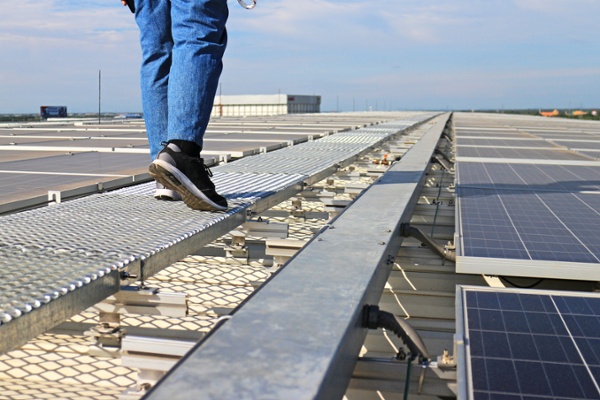 Bird control pro walking along a warehouse roof with solar panels