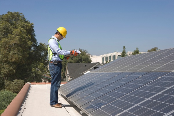 Bird control specialist assessing solar panels as part of large bird control projects for the property