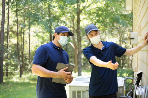 Professional bird control team creating a plan for a home